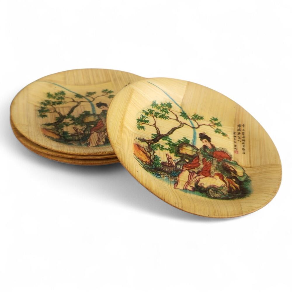 Set of 4 Vintage Chinese Bamboo Coasters Painted Traditional Woman Woven 80s